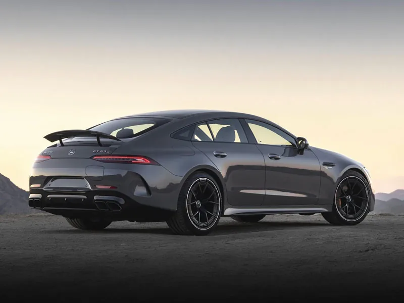 A grey Mercedes-AMG GT 4-Door seen from the rear